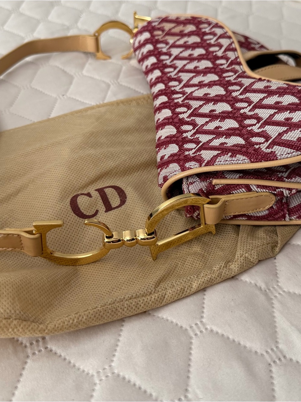 Dior Burgundy and White Saddle Bag with Gold Hardware - Picture 2 of 5